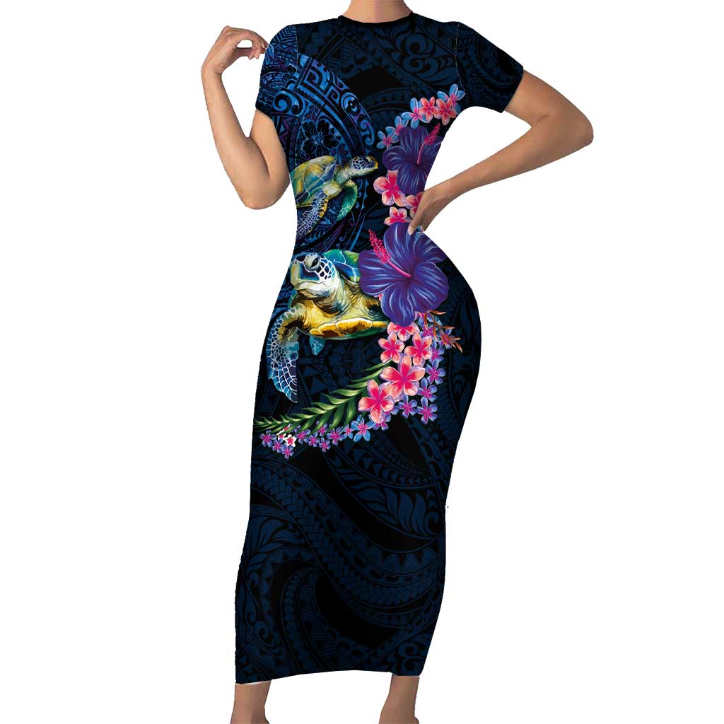 Hawaiian Plumeria and Hibiscus with Turtles Short Sleeve Bodycon Dress Polynesian Art Dark Cyan Color - Polynesian Pride