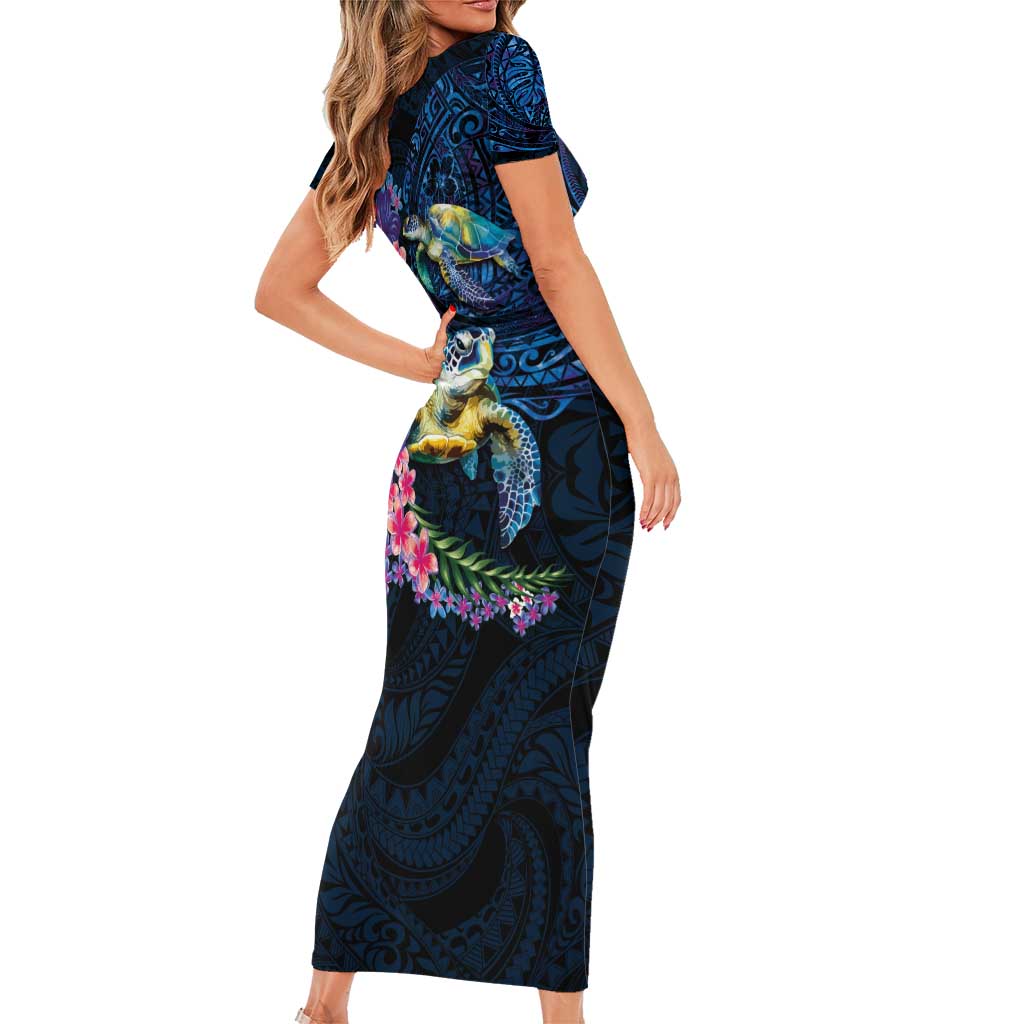 Hawaiian Plumeria and Hibiscus with Turtles Short Sleeve Bodycon Dress Polynesian Art Dark Cyan Color - Polynesian Pride