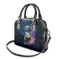 Hawaiian Plumeria and Hibiscus with Turtles Shoulder Handbag Polynesian Art Dark Cyan Color - Polynesian Pride