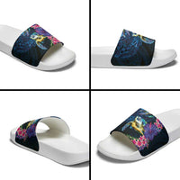 Hawaiian Plumeria and Hibiscus with Turtles Slide Sandals Polynesian Art Dark Cyan Color - Polynesian Pride