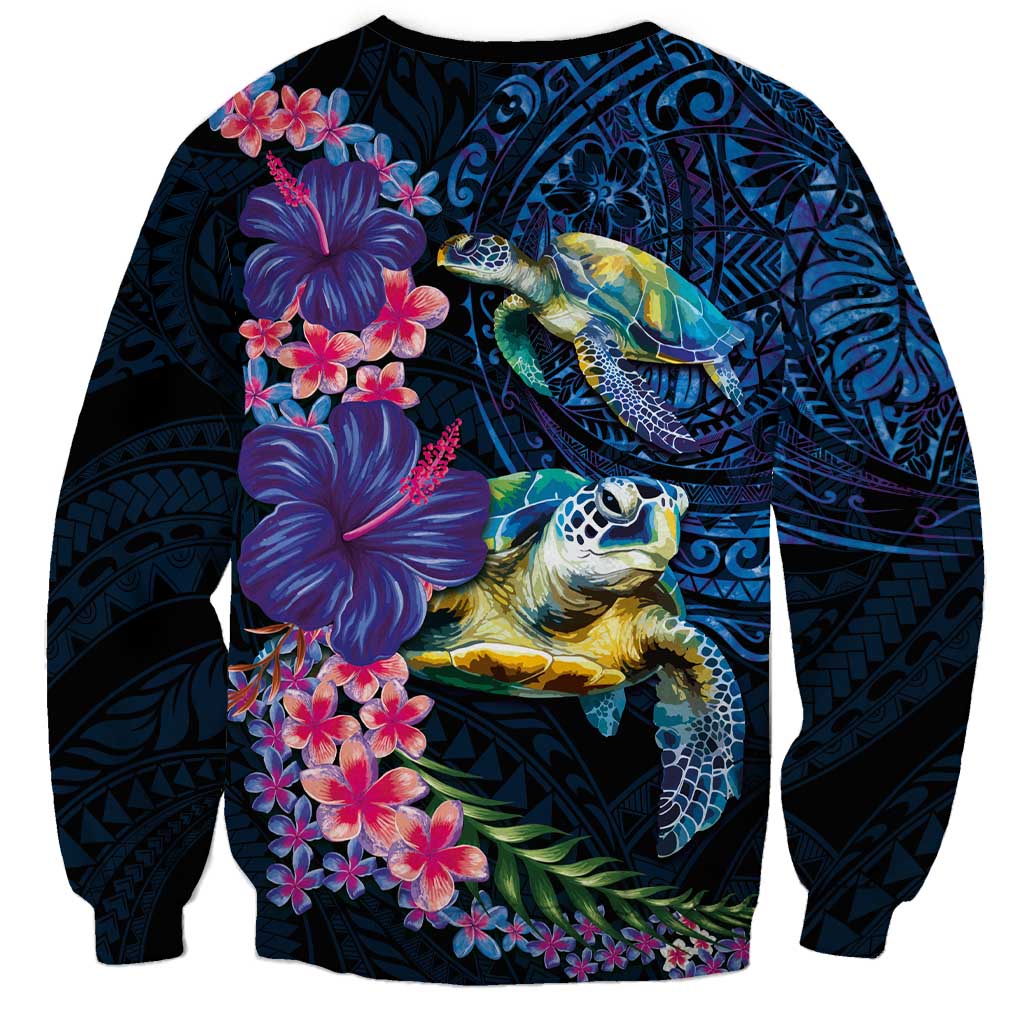 Hawaiian Plumeria and Hibiscus with Turtles Sweatshirt Polynesian Art Dark Cyan Color - Polynesian Pride