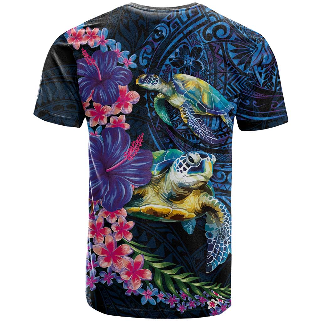 Hawaiian Plumeria and Hibiscus with Turtles T Shirt Polynesian Art Dark Cyan Color - Polynesian Pride