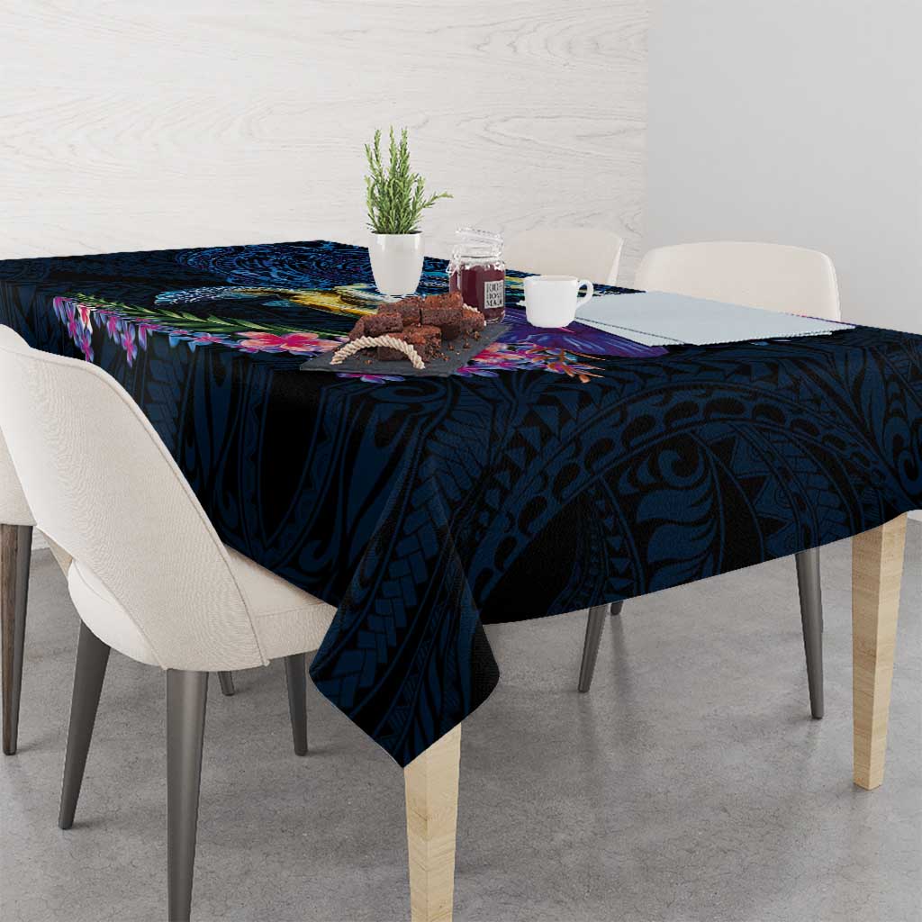 Hawaiian Plumeria and Hibiscus with Turtles Tablecloth Polynesian Art Dark Cyan Color - Polynesian Pride