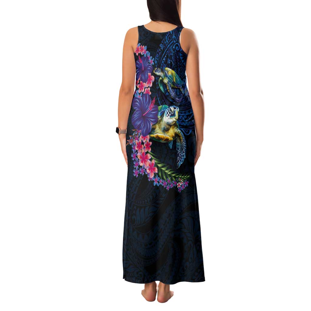 Hawaiian Plumeria and Hibiscus with Turtles Tank Maxi Dress Polynesian Art Dark Cyan Color - Polynesian Pride