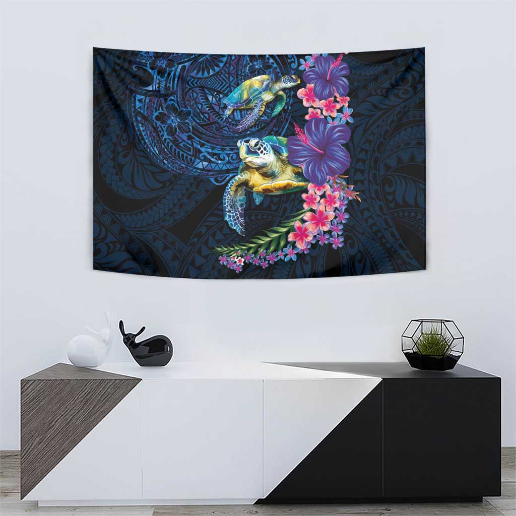 Hawaiian Plumeria and Hibiscus with Turtles Tapestry Polynesian Art Dark Cyan Color - Polynesian Pride
