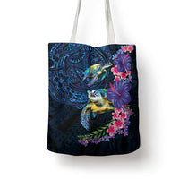 Hawaiian Plumeria and Hibiscus with Turtles Tote Bag Polynesian Art Dark Cyan Color - Polynesian Pride