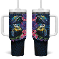Hawaiian Plumeria and Hibiscus with Turtles Tumbler With Handle Polynesian Art Dark Cyan Color - Polynesian Pride