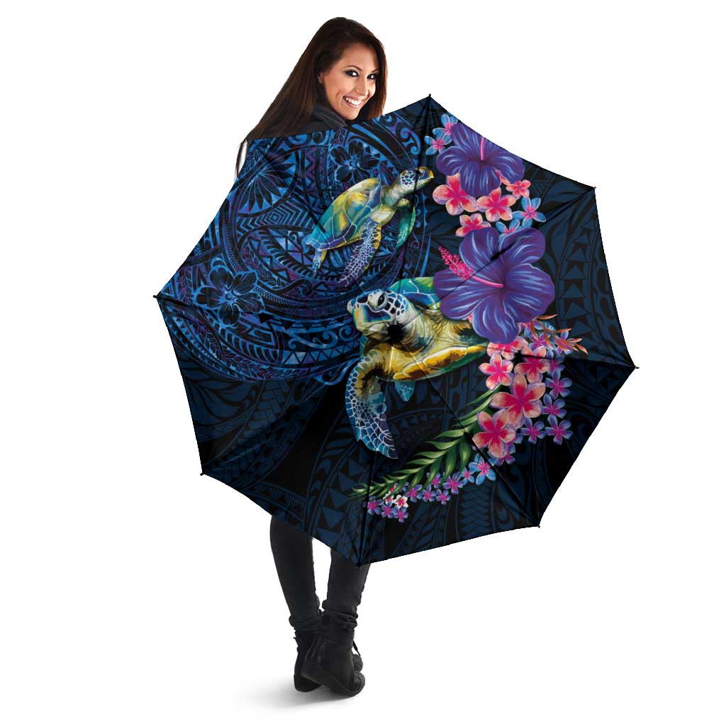 Hawaiian Plumeria and Hibiscus with Turtles Umbrella Polynesian Art Dark Cyan Color - Polynesian Pride