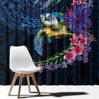 Hawaiian Plumeria and Hibiscus with Turtles Window Curtain Polynesian Art Dark Cyan Color - Polynesian Pride