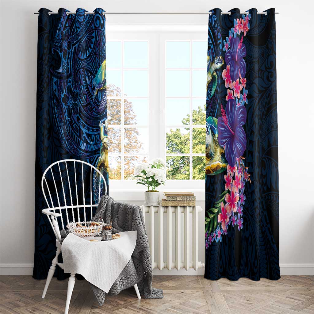 Hawaiian Plumeria and Hibiscus with Turtles Window Curtain Polynesian Art Dark Cyan Color - Polynesian Pride