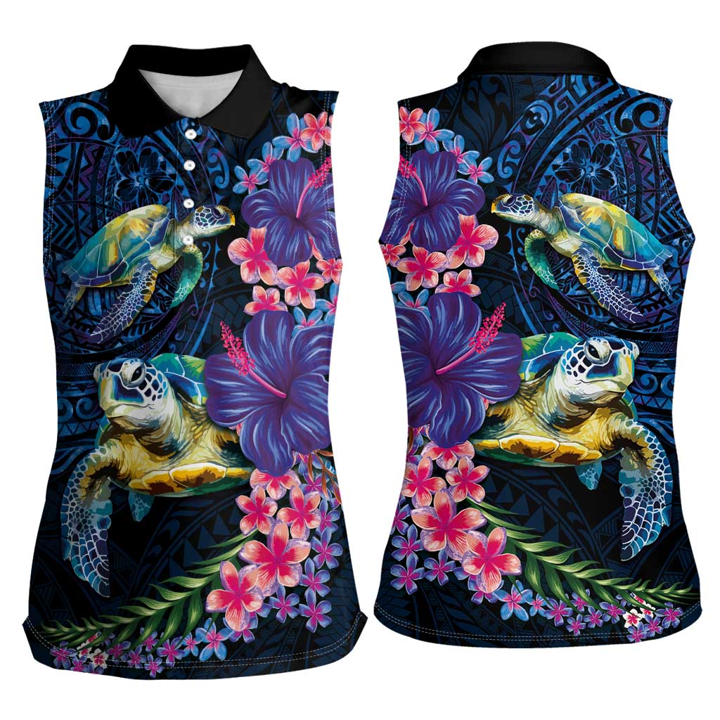 Hawaiian Plumeria and Hibiscus with Turtles Women Sleeveless Polo Shirt Polynesian Art Dark Cyan Color - Polynesian Pride