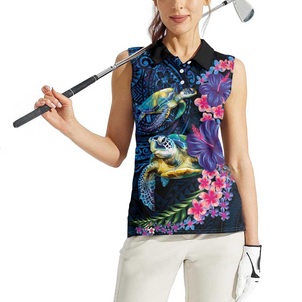 Hawaiian Plumeria and Hibiscus with Turtles Women Sleeveless Polo Shirt Polynesian Art Dark Cyan Color - Polynesian Pride