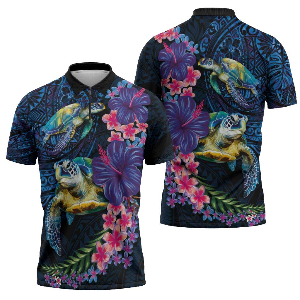 Hawaiian Plumeria and Hibiscus with Turtles Zipper Polo Shirt Polynesian Art Dark Cyan Color - Polynesian Pride