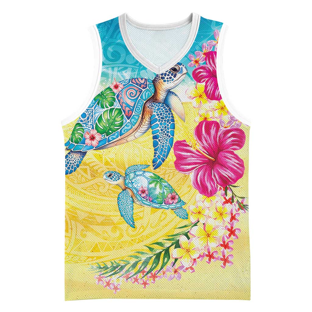 Hawaiian Tropical Plants Turtles Basketball Jersey Watercolor Style - Polynesian Pride