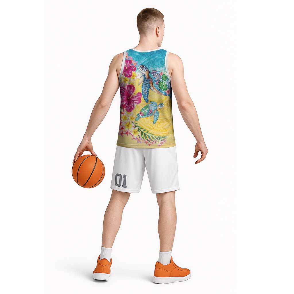 Hawaiian Tropical Plants Turtles Basketball Jersey Watercolor Style - Polynesian Pride