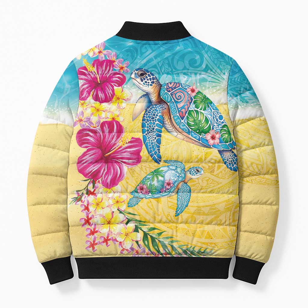 Hawaiian Tropical Plants Turtles Bomber Puffer Jacket Watercolor Style - Polynesian Pride
