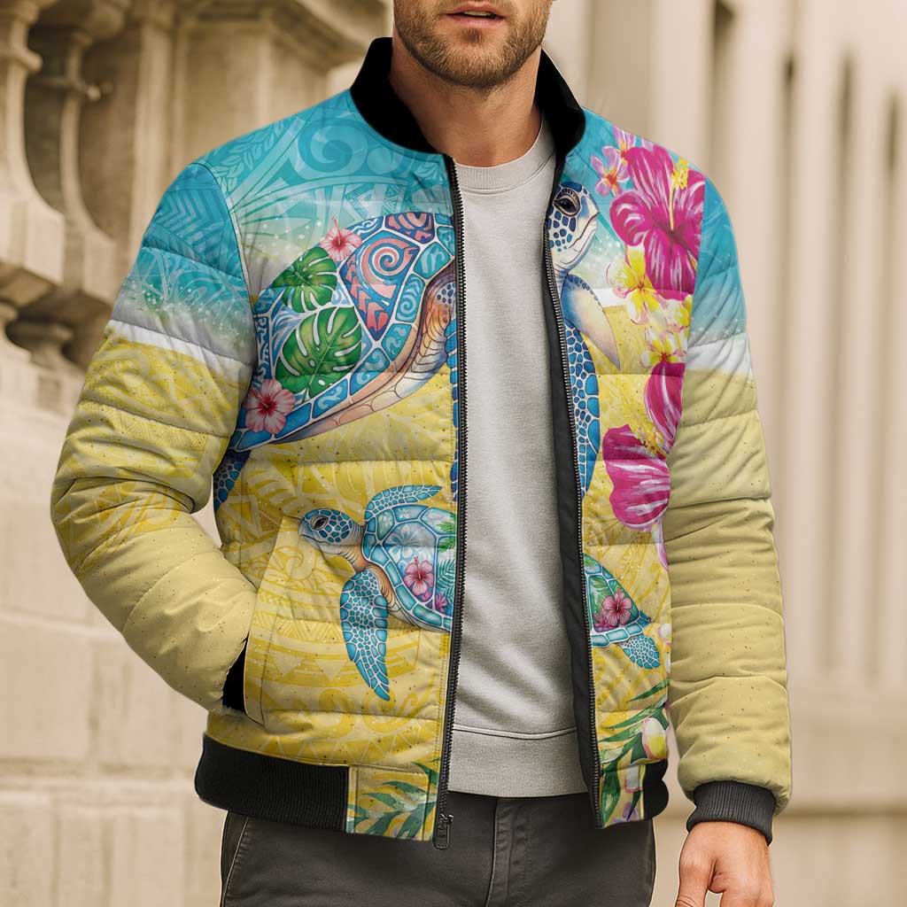 Hawaiian Tropical Plants Turtles Bomber Puffer Jacket Watercolor Style - Polynesian Pride