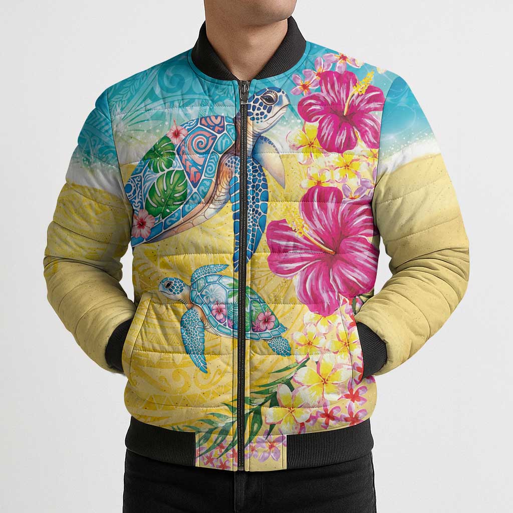 Hawaiian Tropical Plants Turtles Bomber Puffer Jacket Watercolor Style - Polynesian Pride
