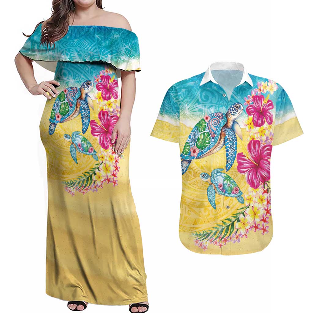 Hawaiian Tropical Plants Turtles Couples Matching Off Shoulder Maxi Dress and Hawaiian Shirt Watercolor Style - Polynesian Pride
