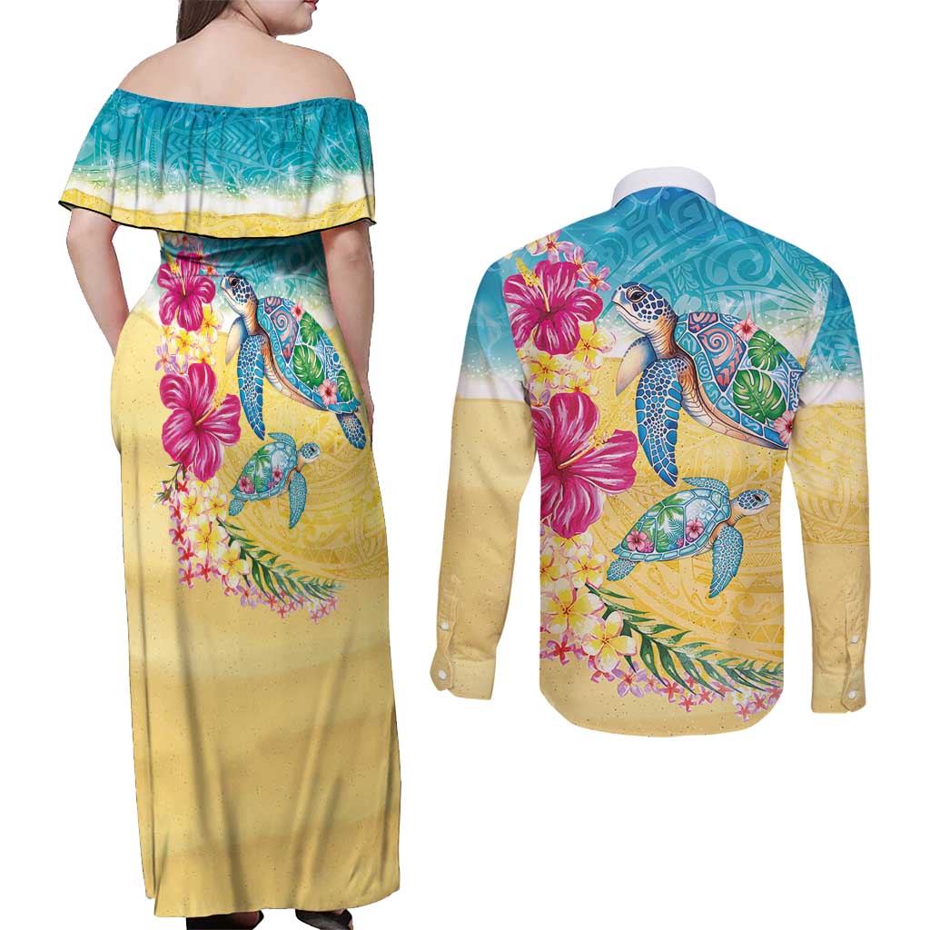 Hawaiian Tropical Plants Turtles Couples Matching Off Shoulder Maxi Dress and Long Sleeve Button Shirt Watercolor Style - Polynesian Pride