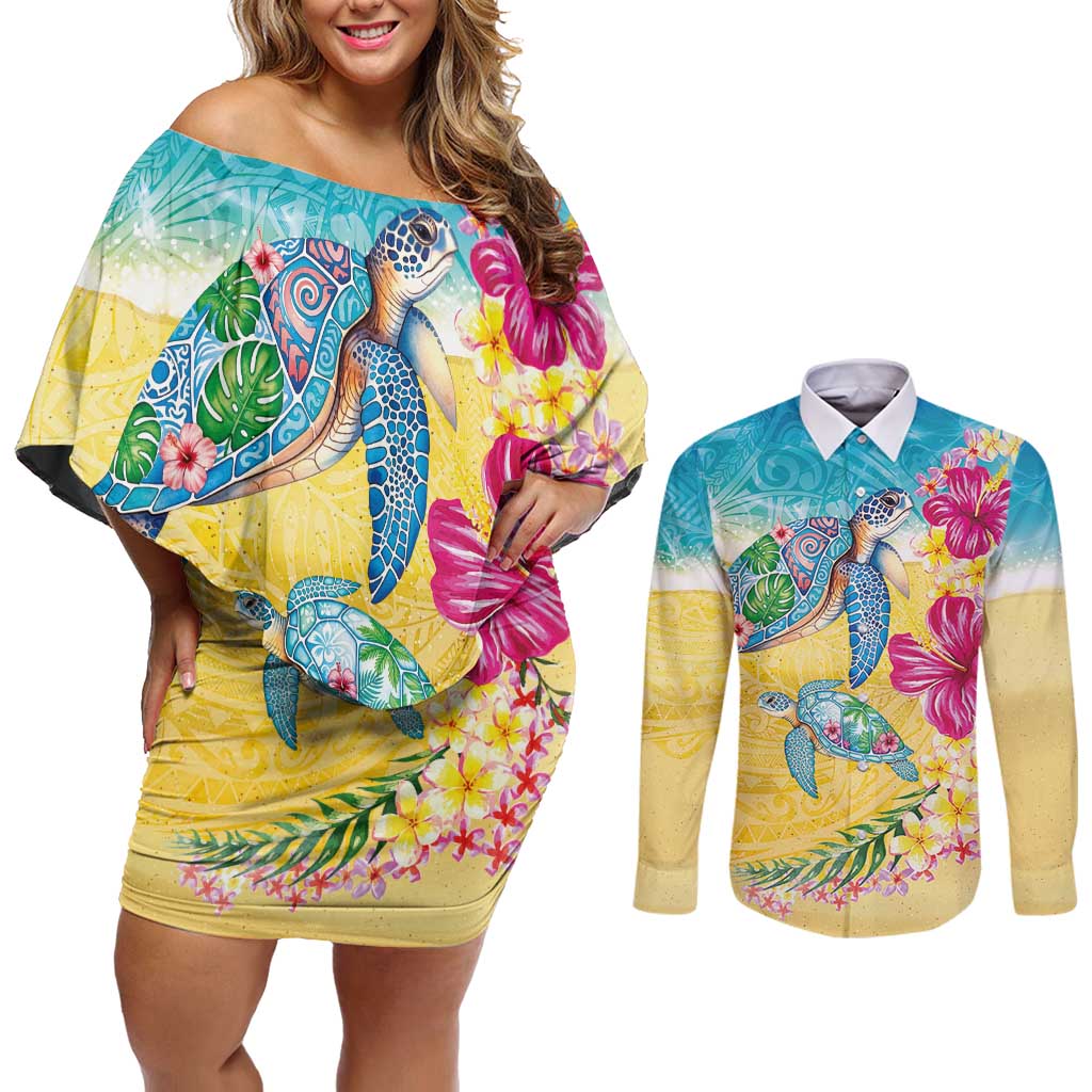 Hawaiian Tropical Plants Turtles Couples Matching Off Shoulder Short Dress and Long Sleeve Button Shirt Watercolor Style - Polynesian Pride