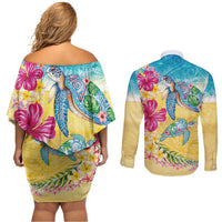 Hawaiian Tropical Plants Turtles Couples Matching Off Shoulder Short Dress and Long Sleeve Button Shirt Watercolor Style - Polynesian Pride