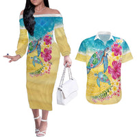 Hawaiian Tropical Plants Turtles Couples Matching Off The Shoulder Long Sleeve Dress and Hawaiian Shirt Watercolor Style - Polynesian Pride