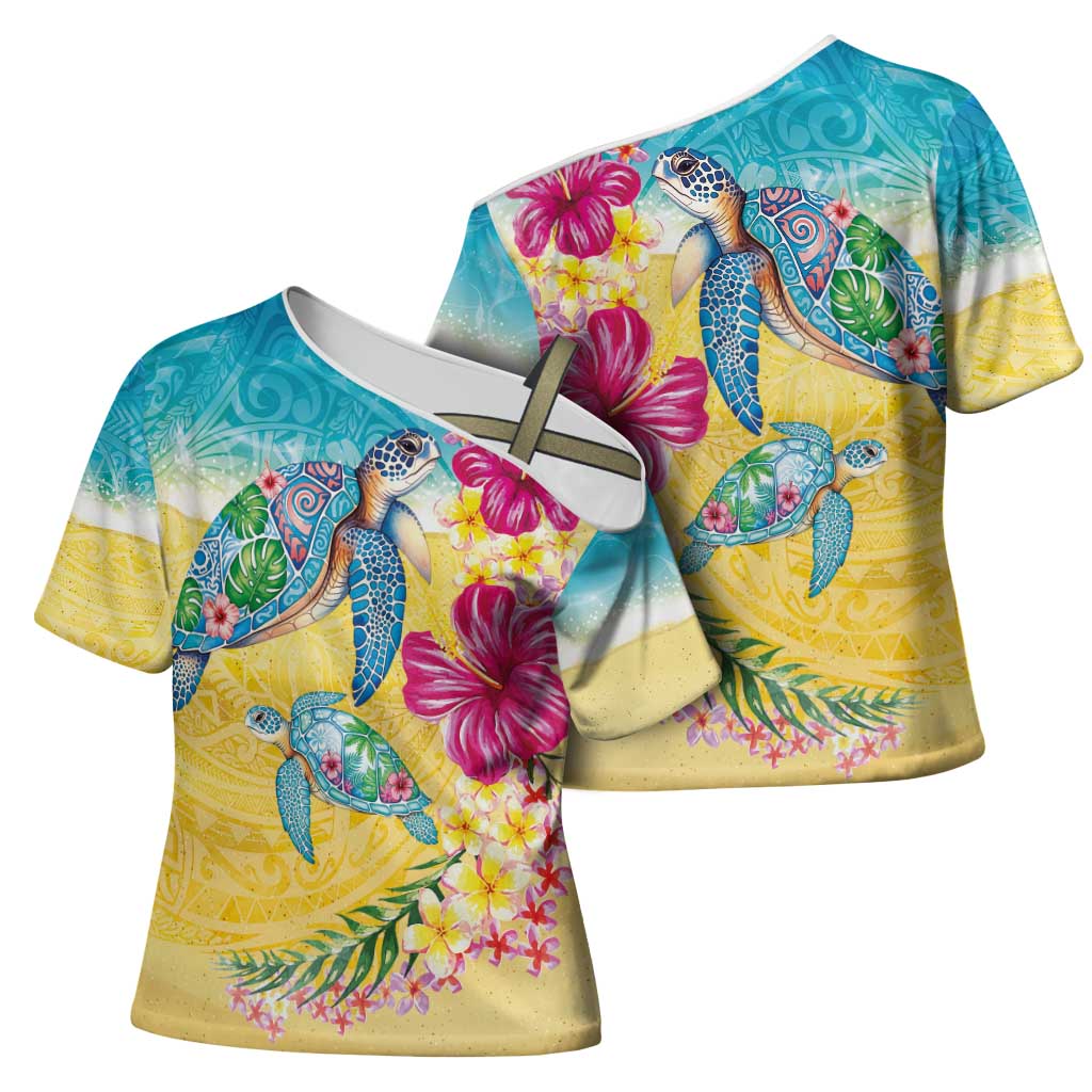 Hawaiian Tropical Plants Turtles Cross Shoulder Shirt Watercolor Style - Polynesian Pride