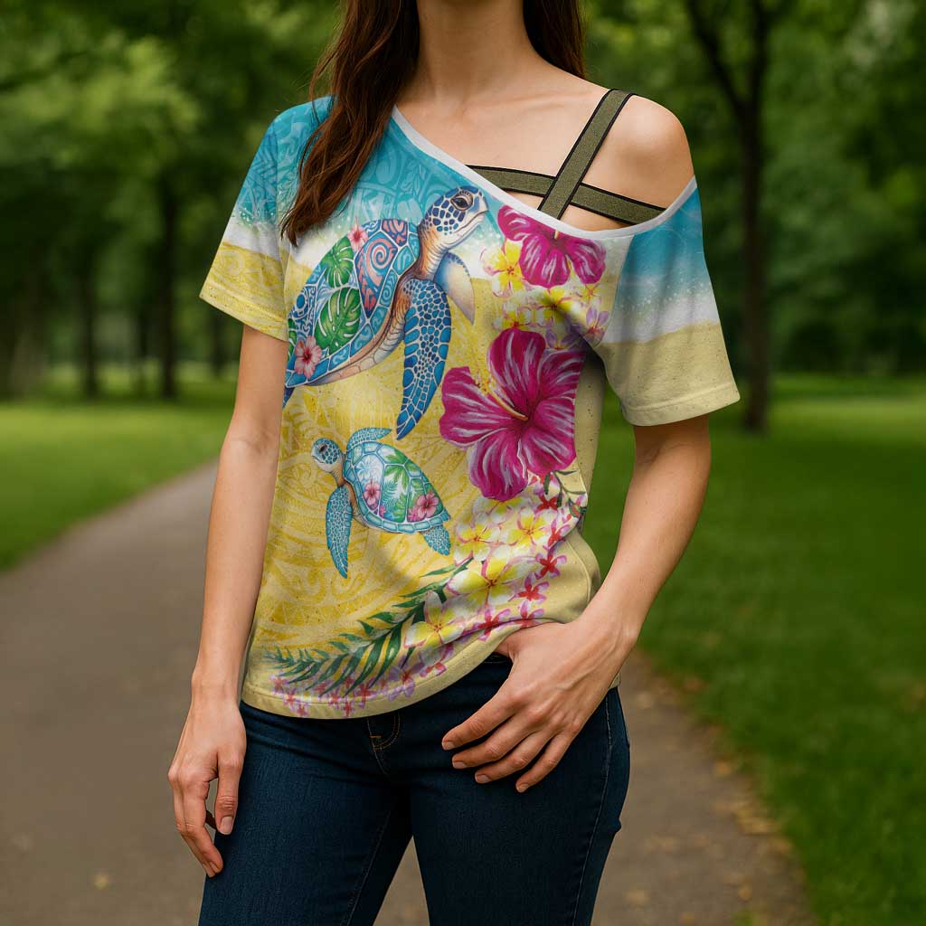 Hawaiian Tropical Plants Turtles Cross Shoulder Shirt Watercolor Style - Polynesian Pride