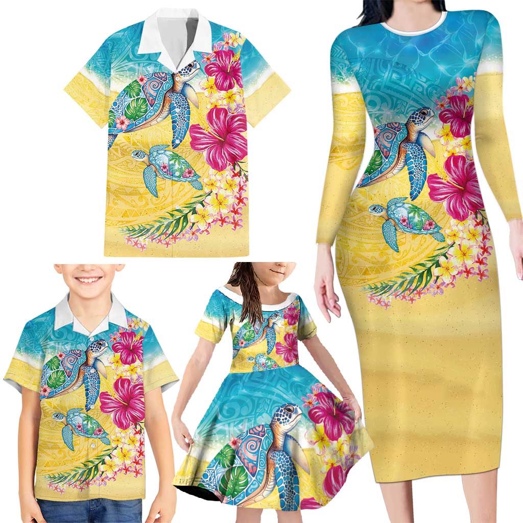 Hawaiian Tropical Plants Turtles Family Matching Long Sleeve Bodycon Dress and Hawaiian Shirt Watercolor Style - Polynesian Pride