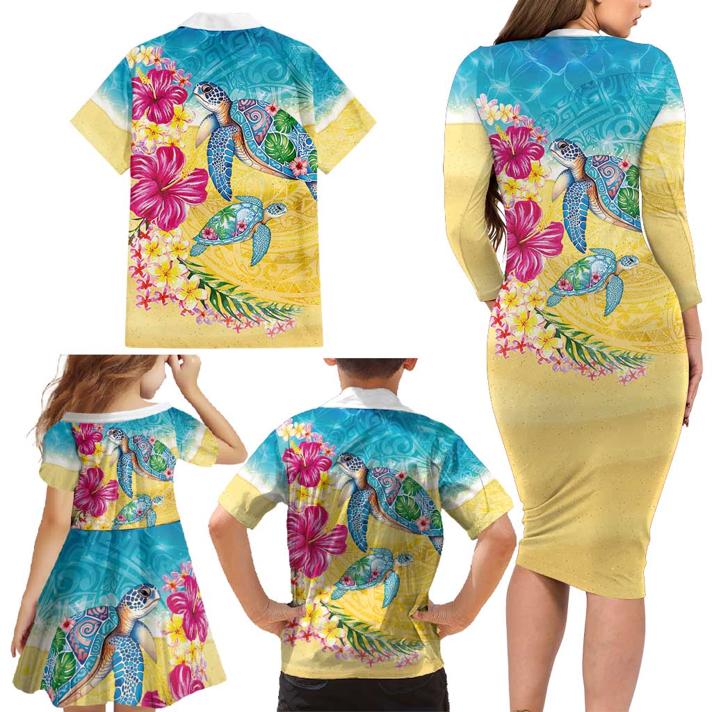 Hawaiian Tropical Plants Turtles Family Matching Long Sleeve Bodycon Dress and Hawaiian Shirt Watercolor Style - Polynesian Pride