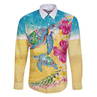 Hawaiian Tropical Plants Turtles Family Matching Long Sleeve Bodycon Dress and Hawaiian Shirt Watercolor Style - Polynesian Pride