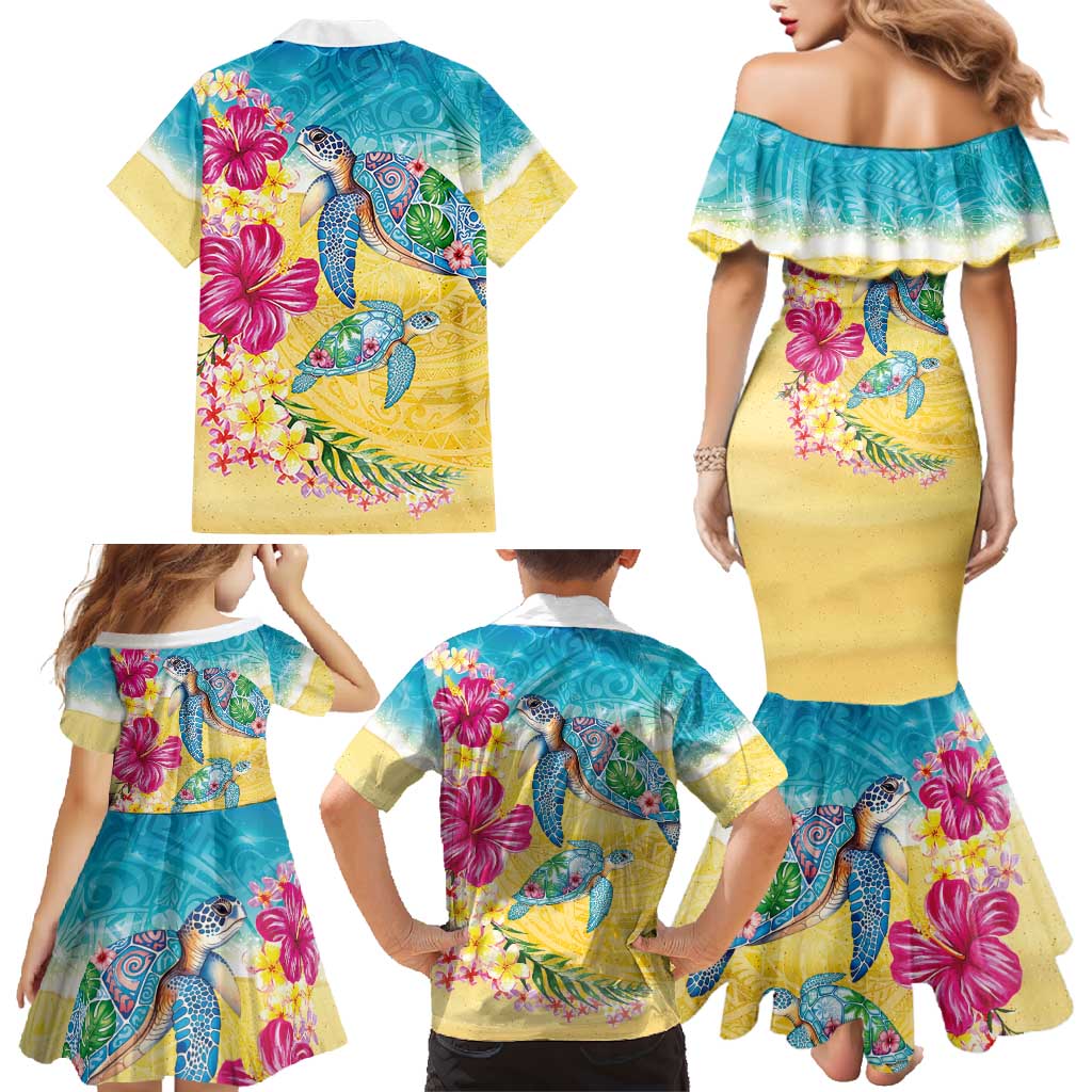 Hawaiian Tropical Plants Turtles Family Matching Mermaid Dress and Hawaiian Shirt Watercolor Style - Polynesian Pride