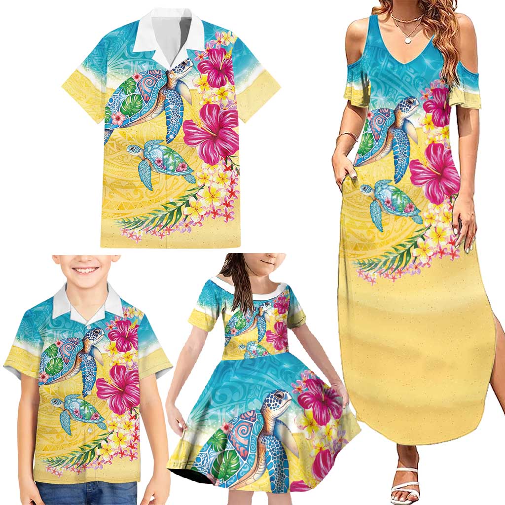 Hawaiian Tropical Plants Turtles Family Matching Summer Maxi Dress and Hawaiian Shirt Watercolor Style - Polynesian Pride
