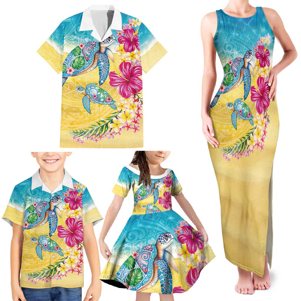Hawaiian Tropical Plants Turtles Family Matching Tank Maxi Dress and Hawaiian Shirt Watercolor Style - Polynesian Pride