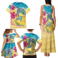 Hawaiian Tropical Plants Turtles Family Matching Tank Maxi Dress and Hawaiian Shirt Watercolor Style - Polynesian Pride