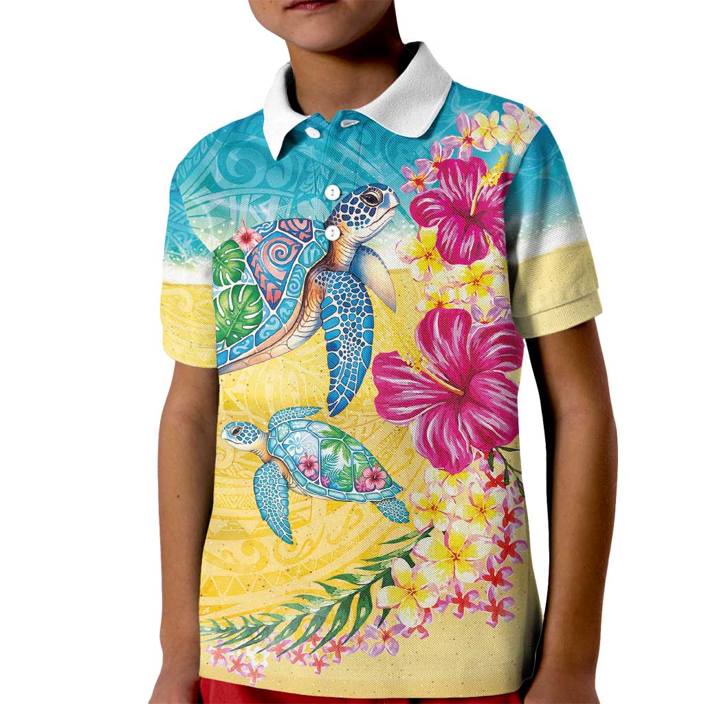 Hawaiian Tropical Plants Turtles Kid Polo Shirt Watercolor Style - Polynesian Pride