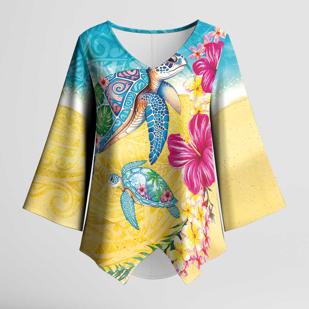 Hawaiian Tropical Plants Turtles Kimono Sleeve Blouse Watercolor Style - Polynesian Pride