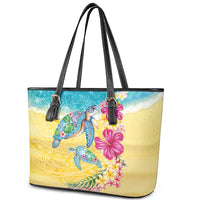 Hawaiian Tropical Plants Turtles Leather Tote Bag Watercolor Style - Polynesian Pride