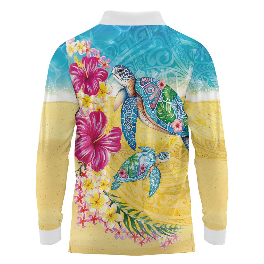 Hawaiian Tropical Plants Turtles Long Sleeve Polo Shirt Watercolor Style - Polynesian Pride