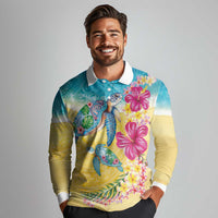 Hawaiian Tropical Plants Turtles Long Sleeve Polo Shirt Watercolor Style - Polynesian Pride