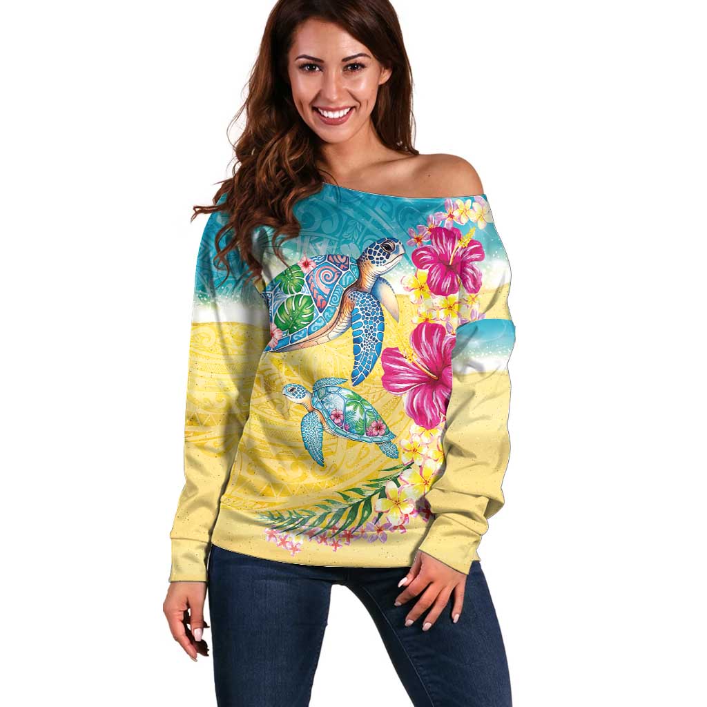 Hawaiian Tropical Plants Turtles Off Shoulder Sweater Watercolor Style - Polynesian Pride