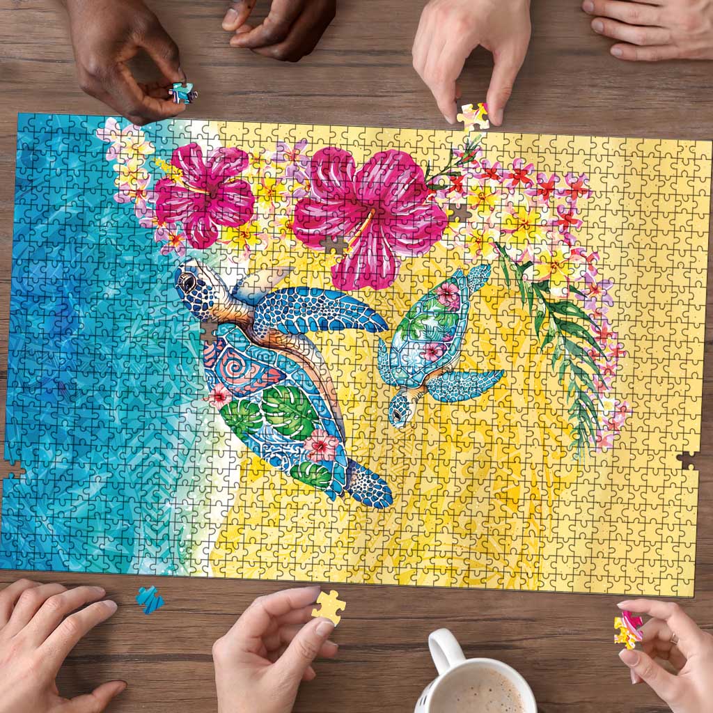 Hawaiian Tropical Plants Turtles Puzzle Watercolor Style - Polynesian Pride