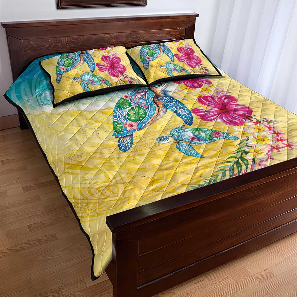 Hawaiian Tropical Plants Turtles Quilt Bed Set Watercolor Style - Polynesian Pride