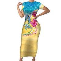 Hawaiian Tropical Plants Turtles Short Sleeve Bodycon Dress Watercolor Style - Polynesian Pride