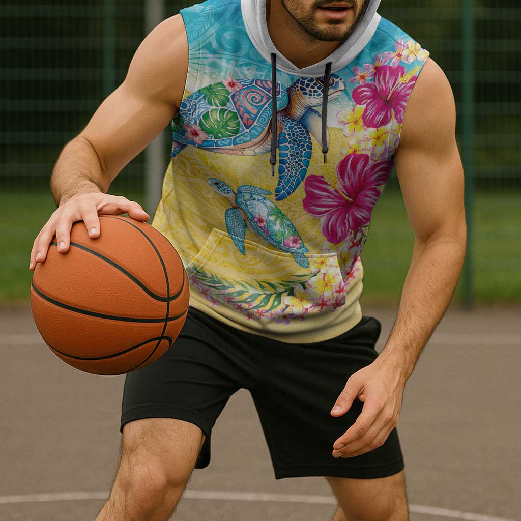 Hawaiian Tropical Plants Turtles Sleeveless Hoodie Watercolor Style - Polynesian Pride