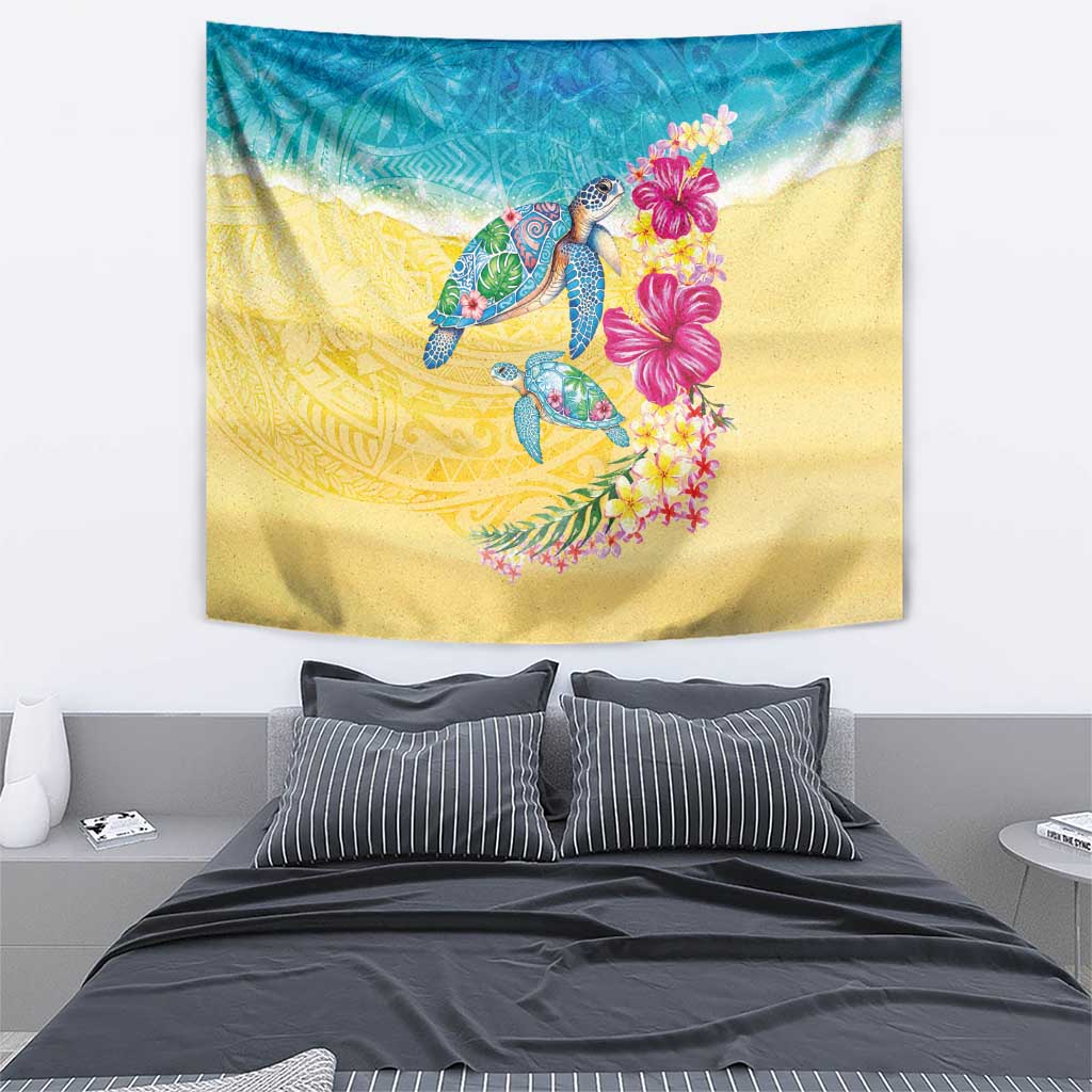 Hawaiian Tropical Plants Turtles Tapestry Watercolor Style - Polynesian Pride