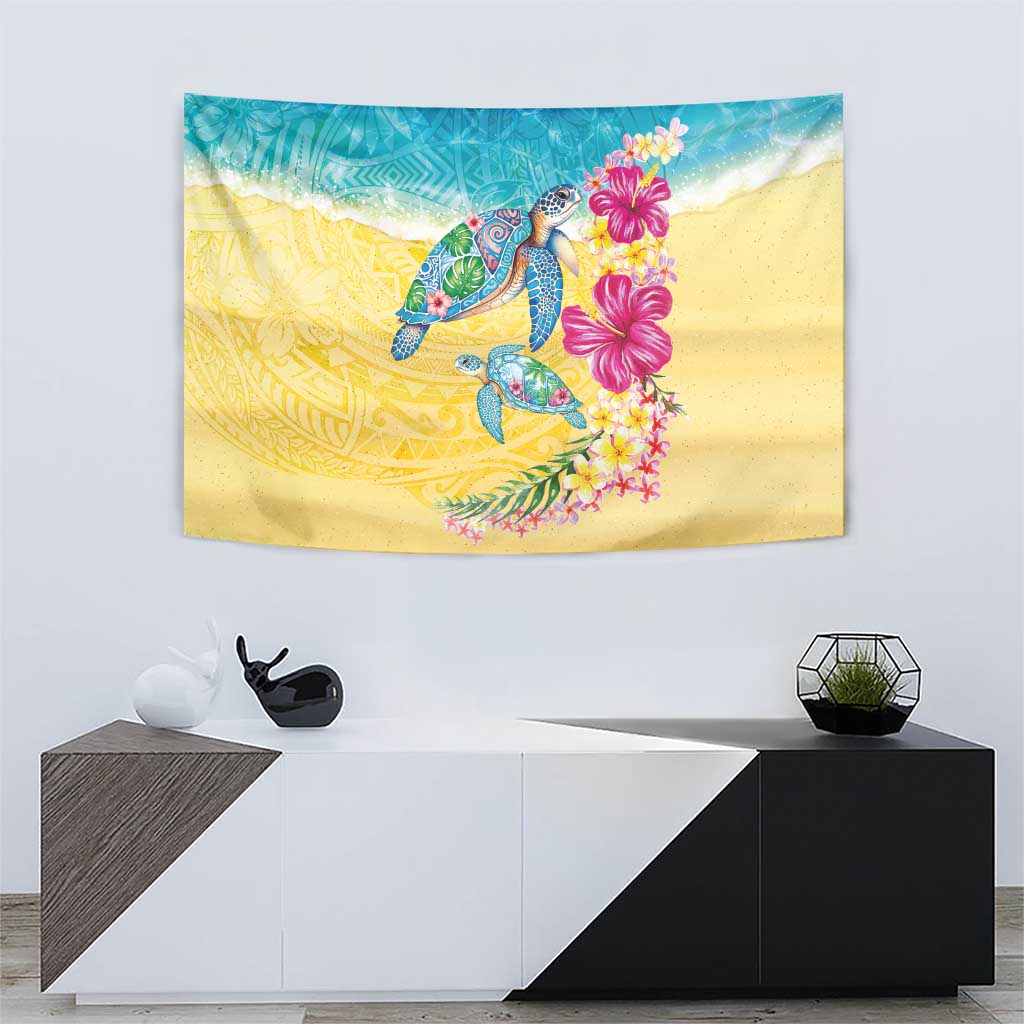 Hawaiian Tropical Plants Turtles Tapestry Watercolor Style - Polynesian Pride