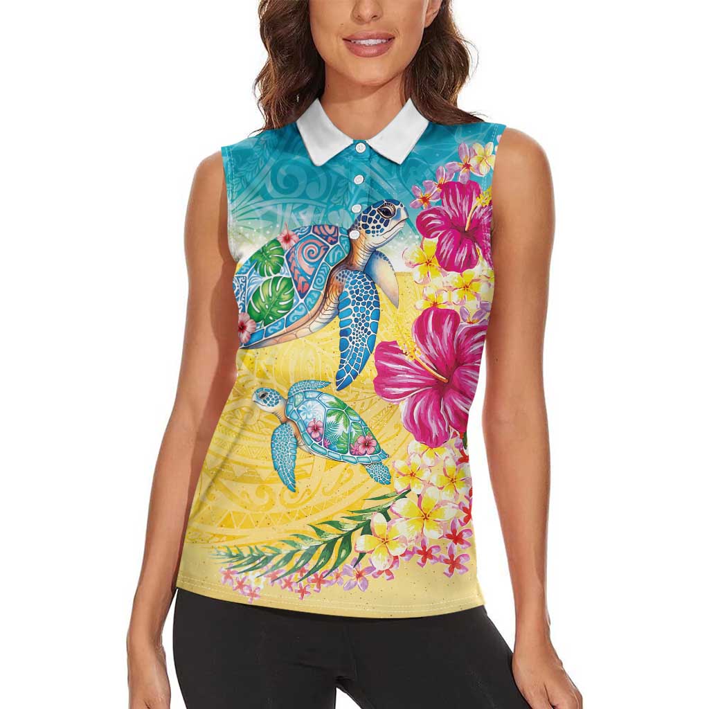 Hawaiian Tropical Plants Turtles Women Sleeveless Polo Shirt Watercolor Style - Polynesian Pride