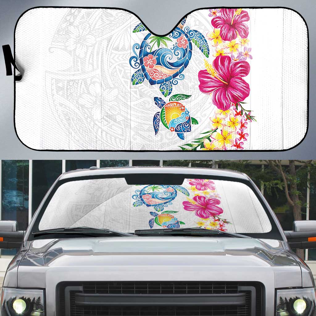 Hawaiian Abstract Art Turtles Auto Sun Shade with Plumeria and Hibiscus - Polynesian Pride